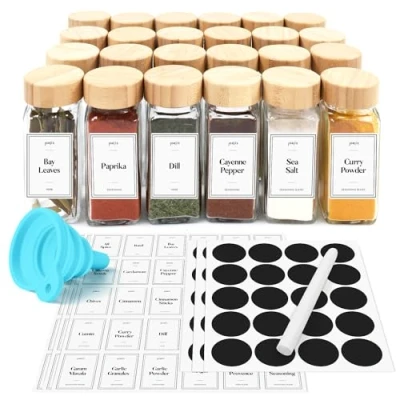 Afbeelding van Joeji&#039;s Kitchen 24 stuks kruidenpotjes van glas met bamboedeksel en etiketten, 120 ml, ultieme opbergoplossing voor specerijen kruiden