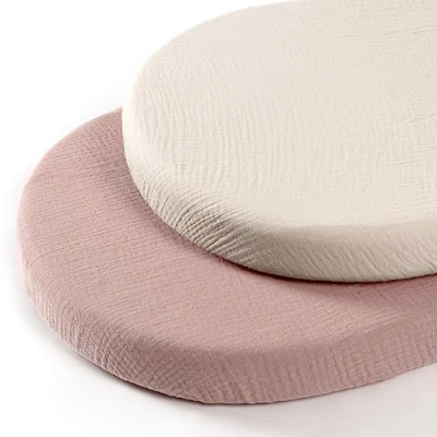 Afbeelding van Set van 2 mousseline katoenen hoeslaken: Kinderwagen bedlaken wieg matrashoes voor babybed en bijzetbed 90x40 cm (crème zand)