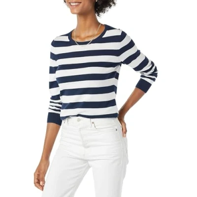 Image de Amazon Essentials Chandail léger à manches longues et encolure ras du cou pour femme (disponible en grande taille), rayures rugby bleu marine blanc, taille M