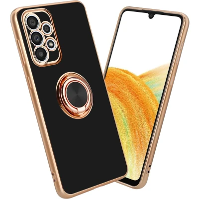 Afbeelding van Cadorabo Hoesje geschikt voor Samsung Galaxy A33 5G in Glossy Zwart Goud met ring Beschermhoes van flexibel TPU silicone Case Cover camerabescherming en magnetische autohouder