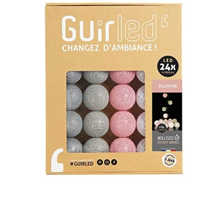 Afbeelding van GuirLED Lichtketting met bolletjes van katoen, USB, 2 uur nachtlampje voor baby&#039;s, incl. A dubbele USB adapter, 3 intensiteiten, 24 bolletjes, 2,4 m, Églantine
