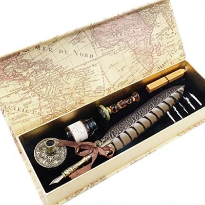 Afbeelding van Kalligrafiestiftenset, schrijfveer, schrijfinkt, set met 5 reservepunten, stempelwas en penhouder voor kunst, handlettering, decoratie, cadeau