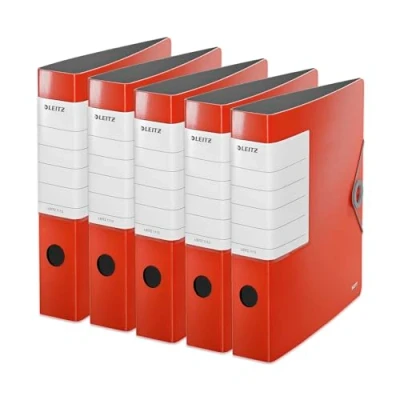Afbeelding van Leitz 11130020 5 stuks kwaliteitsmappen 180, robuust, DIN A4, smal, lichtrood, rug 6,2 cm, elastische sluiting, robuust polyfoam, verwisselbaar etiket, extra groot