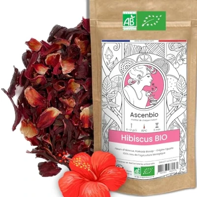 Afbeelding van Ascenbio ✿ Hibiscusbloemen, 100% biologisch, 1e oogst, volledig gedroogd Karkade Bissap kruidenthee 180 g los Bereid en verpakt in Frankrijk Biologisch afbreekbare verpakking
