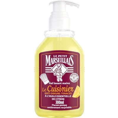 Image de Le Petit Marseillais Gel Lavant mains Cuisinier (flacon pompe de 300 ml) Savon liquide anti odeurs tenaces à l&#039;huile essentielle citron 92% d&#039;origine naturelle