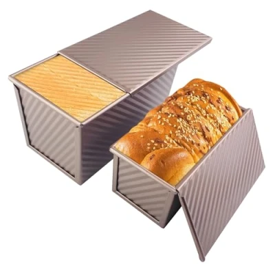 Afbeelding van Elsrantor Set van 2 bakvormen met schuifdeksel, koolstofstaal, antiaanbaklaag, rechthoekig, voor het bakken taarten, brood, gebak (roségoud)