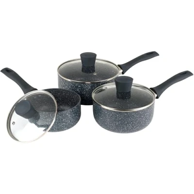 Afbeelding van Russell Hobbs RH00847EU7 Nightfall Stone Kookpannenset, 3 delig, anti aanbaklaag, 16/18/20 cm, met deksel van gehard glas, geschikt voor inductie, gesmeed aluminium