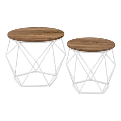 Afbeelding van VASAGLE Ronde salontafel, set van 2, bijzettafel, bankpunt, moderne stijl, afneembaar dienblad, stalen frame, voor woonkamer, honingbruin en wolkenwit LET040K41