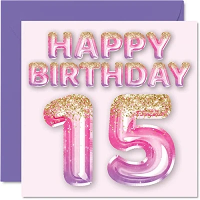 Afbeelding van stuff4 Verjaardagskaart voor meisjes 15 jaar, roze en paarse glitterballonnen, verjaardagskaarten meisje van zus, kleindochter, neef, 145 mm x
