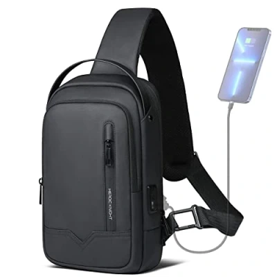 Afbeelding van hk Borsttas voor heren, waterdicht, licht, met USB oplaadpoort, schouderriem iPad 11,3 inch, zwart., Eenheidsmaat