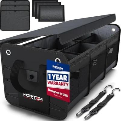 Afbeelding van FORTEM Auto Organizer, SUV Kofferbak Achterbak Opvouwbare Organizer met Vakken, Antislip Bodem, Verstelbare Bevestigingsriempjes, Opvouwbaar Deksel (3 Compartimenten, Zwart)