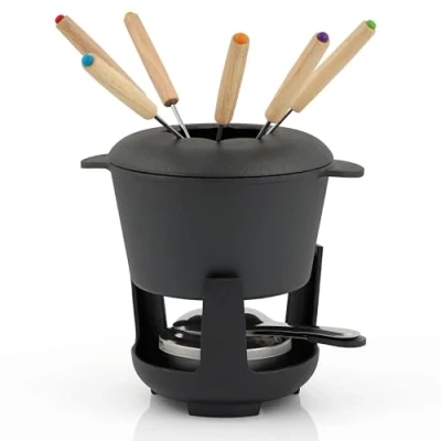 Afbeelding van BBQ Toro Gietijzeren fondueset voor 6 personen, 1 liter, 13 delig met branders en vorken, fondueset, kaasfondueset, vleesfondueset, chocoladeondueset (zwart al ingebrand)