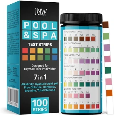Afbeelding van 100 spa en zwembadstrips 7 in 1 broom, pH test, hardheid chloor, snel betrouwbaar inclusief e book JNW Direct