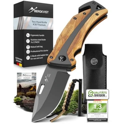 Afbeelding van BERGKVIST® K30 Titanium klapmes (3 in 1 multifunctioneel mes) met houten handvat, survivalmes riemtas (K30)