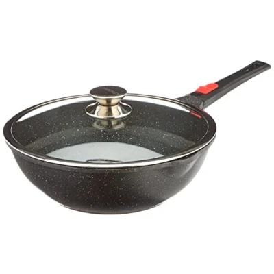 Image de Kamberg Wok 30 cm Manche Amovible Fonte d&#039;Aluminium Revêtement pierre Couvercle en Verre Tous Feux dont Induction Sans PFOA 0008057