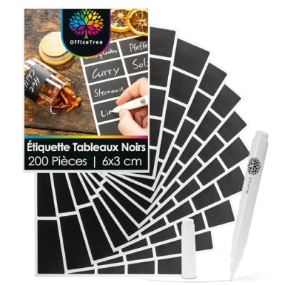 Afbeelding van OfficeTree 200 stuks schoolbordstickers met krijtmarker 6 x 3 cm zelfklevende etiketten voor keuken, glazen, flessen enz