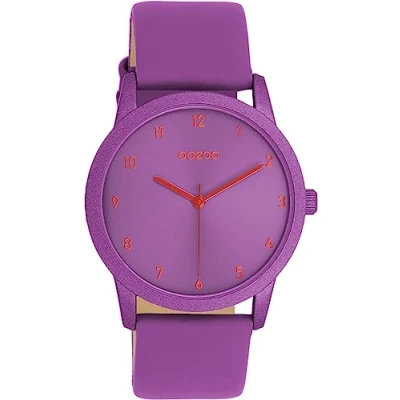 Afbeelding van Oozoo Timepieces Dameshorloge met leren band, modern dameshorloge, elegant, analoog, rond horloge (38 mm behuizing), Paars., armband