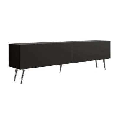 Afbeelding van Meuble TV : deux portes, étagères, Couleur noir mat, pieds chromés, D L 170 cm, H 52 P 32 cm