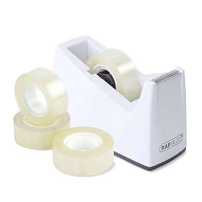Image de Rapesco 1620 Dévidoir de Ruban Adhésif 300 avec un Noyau 25 mm, 4 Rouleaux Inclus, Blanc