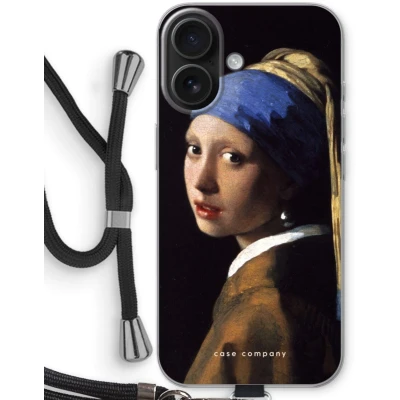 Afbeelding van Case Company® hoesje met Koord geschikt voor iPhone 16 The Pearl Earring Telefoonhoesje Zwart Bescherming aan alle Kanten en Over de Schermrand