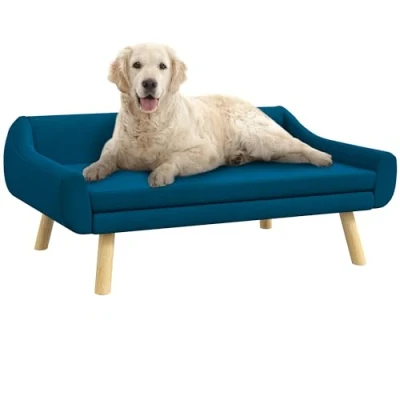 Afbeelding van PawHut Bank voor honden en katten, Scandinavisch design, wollig, afneembaar, stof, fluwelen look, poten van massief hout, 102 x 58,5 42,5 cm (blauw)