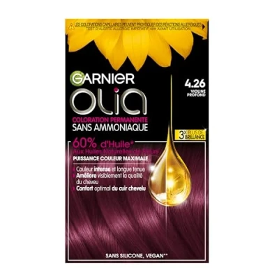 Afbeelding van Garnier Olia Vivids Permanente haarverf, zonder ammoniak, met natuurlijke bloemoliën, diepe viool (4,26)