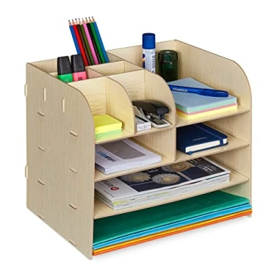 Afbeelding van Relaxdays bureau organizer documentenbak pennenbak desk brievenbak bruinen