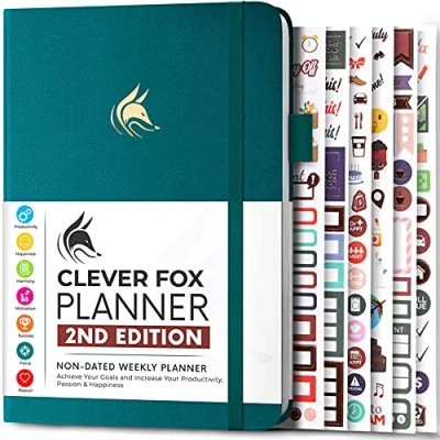 Afbeelding van Clever Fox planner 2e editie met kleurrijke wekelijkse en maandelijkse doelen, gewoontetracker, tijd productiviteitsmanagement, dankbaarheidsdagboek, ongedateerd, A5, 1 jaar lang donkerblauwgroen