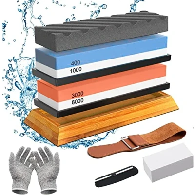 Afbeelding van TAVADA slijpsteen, dubbelzijdig 400/1000 en korrel 3000/8000, messenslijper, professionele slijpsteen met antislip bamboe bodem, hoekgeleiding, leren band