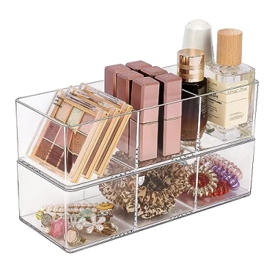 Afbeelding van JessLab Set van 2 acryl make up organizers voor lade, opslag kaptafel, aanrecht, badkamer, keuken en kast (3 + 3 vakken)
