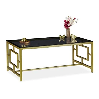Afbeelding van salontafel glas metalen frame 45 x 110 60 cm woonkamer zwart goud