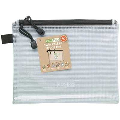 Afbeelding van eco A5 95% gerecycled dubbele zak, super sterk, tuff tas van waterdicht mesh, versterkt, zwarte ritssluiting, 2 zakken