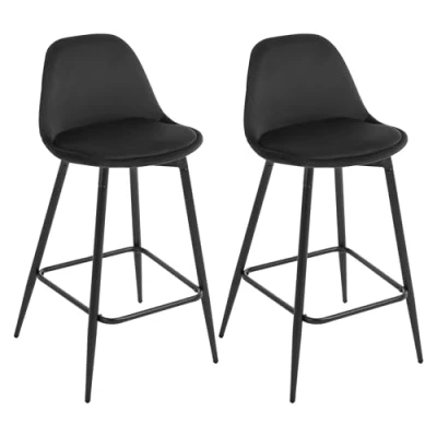 Afbeelding van Klihome K0004BH 2 Set van fluwelen barkrukken met gevoerde rugleuning en voetensteun metalen poten, voor bar, keuken, eetkamer, toonbank, zwart