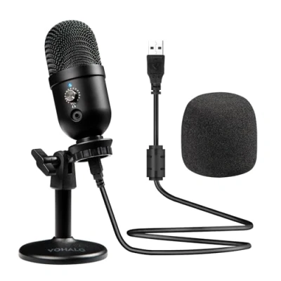 Afbeelding van VOHALO USB condensatormicrofoon voor computer met nierfunctie gaming, streaming, podcasting, Twitch, YouTube, Discord, compatibel desktop laptop, zwart