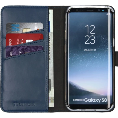 Afbeelding van Selencia Hoesje Geschikt voor Samsung Galaxy S8 Met Pasjeshouder Echt Lederen Bookcase Blauw