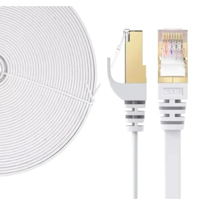 Image de câble ethernet rj45 cat 7 réseau 10gbps 600mhz haut débit lan plat blanc 30m