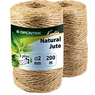 Afbeelding van GRÜNTEK Jute touw, 2 rollen jutetouw, mm dik, 100% bindgaren, natuurlijke kleur, duurzaam inpakgaren