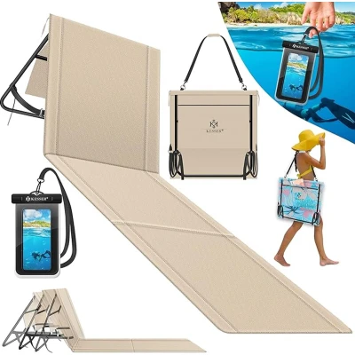 Afbeelding van KESSER® STRANDMAT 2 DELIGE SET OPVOUWBAAR MET VERSTELBARE RUGLEUNING, STRAND LIGBED DRAAGRIEM, WATERDICHTE TELEFOONHOUDER &amp; OPBERGTAS, ZONNENLIGBED VOOR EN TUIN, LIGMAT 130KG, BXHXT 53X40X180 CM, IN DE KLEUR BEIGE.