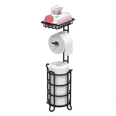 Afbeelding van TreeLen Toiletpapierhouder op standaard, zwart, toiletpapierdispenser met plank, voor reserverollen, matzwarte afwerking
