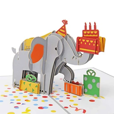 Afbeelding van Favour Pop Up Verjaardagswenskaart filigraan kunstwerk dat zich als een olifant ontvouwt met geschenken TB132