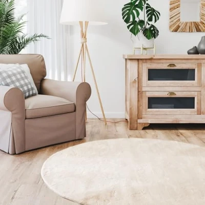 Afbeelding van Interiyou Fargo hoogpolig tapijt rond beige pluizig kunstbont wasbaar antislip zacht 80 x cm
