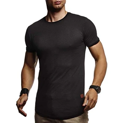 Afbeelding van Leif Nelson Heren zomer T shirt ronde hals slim fit katoenaandeel cool wit zwart basic mannen jongens korte mouwen top lang LN8331, Schwarz, L