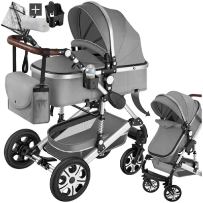 Afbeelding van tectake® Multifunctionele Kinderwagen Mats 2 in 1 Babywagen inclusief voetenzak, regenhoes, flessenhouder en opbergmand Wandelwagen met 15kg draagkracht Opvouwbaar 5 puntsgordel Grijs