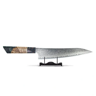Afbeelding van Emerald Epoxy Jewels Damascus japans Koksmes 23 cm Special Edition