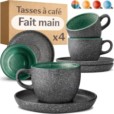 Afbeelding van Cosumy Cappuccinokopjes, set van 4 keramische kopjes met schoteltjes, 200 ml, reactief glazuur, handgemaakt, houdt de warmte langer vast (groen)