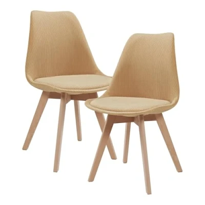 Afbeelding van [en.casa] Set van 2 eetkamerstoelen met comfortabele en gevoerde zitting, Scandinavische woonkamerstoel, robuuste constructie, kunststof hoes, corduroy, beuken, 82 x 49 54 cm, mosterdgeel