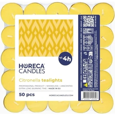 Afbeelding van Horeca Candles Citroengras Theelichtjes Set van 50 Geurkaarsen Brandduur 4 uur Geel Voor Buiten, Balkon, Picknick, Camping