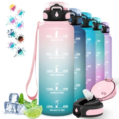 Image de bouteille d&#039;eau de 1 5 litres, pour le sport, avec marqueur temps, gourde paille, boissons gazeuses, peut être transportée vous, yoga, camping, la