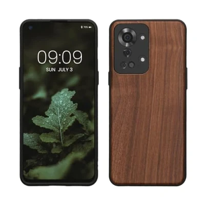 Afbeelding van kwmobile telefoonhoesje geschikt voor OnePlus Nord 2T 5G Hoesje met bumper in donkerbruin Backcover walnoothout