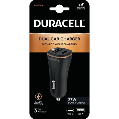 Afbeelding van Duracell 27W USB C en A Power Delivery Autolader Zwart